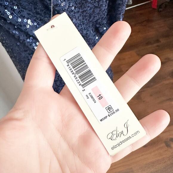 Eliza J. Navy Blue Sequin V Neck Fitted Sheath Midi Dress Women’s Size 10 NEW - Picture 9 of 13